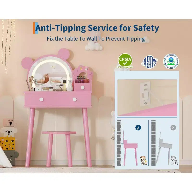 Coiffeuse pour tout-petits Coolmee, coiffeuse en forme d'ours avec miroir et tabouret, ensemble de coiffeuse en bois pour princesse, ensembles de coiffeuse de jeu de simulation