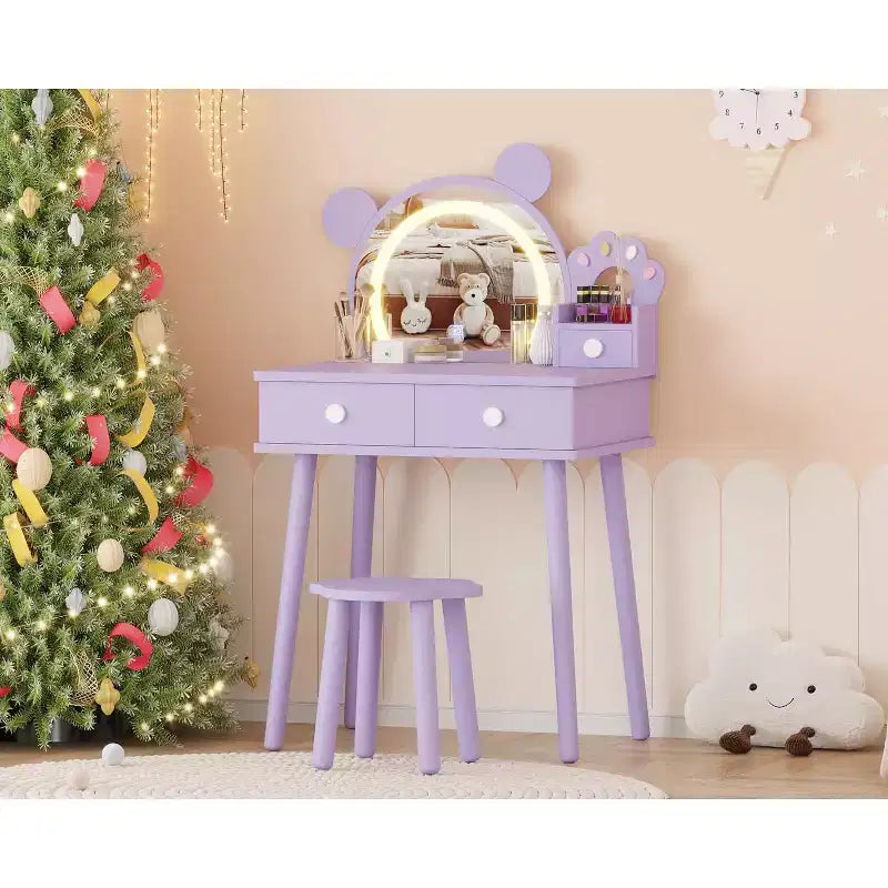 Coiffeuse pour tout-petits Coolmee, coiffeuse en forme d'ours avec miroir et tabouret, ensemble de coiffeuse en bois pour princesse, ensembles de coiffeuse de jeu de simulation