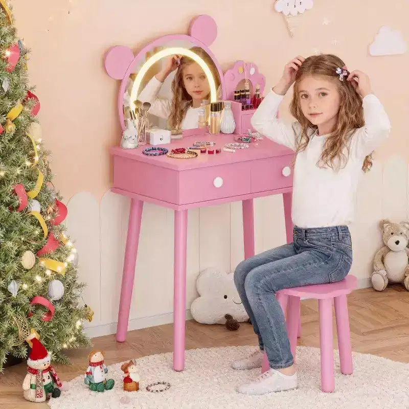 Coiffeuse pour tout-petits Coolmee, coiffeuse en forme d'ours avec miroir et tabouret, ensemble de coiffeuse en bois pour princesse, ensembles de coiffeuse de jeu de simulation