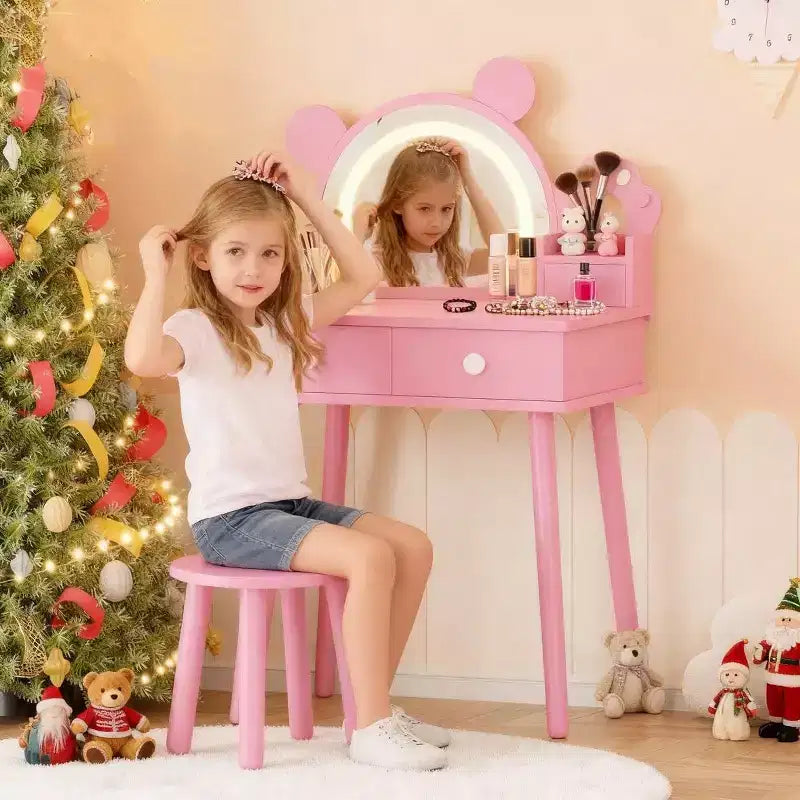 Coolmee Toddler Vanity Set, Bear-Shaped Make Up Vanity Desk with Mirror and Stool,Wooden Princess Make Up Table Set, Pretend Play Vanity Sets