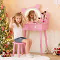 Coolmee Toddler Vanity Set, Bear-Shaped Make Up Vanity Desk with Mirror and Stool,Wooden Princess Make Up Table Set, Pretend Play Vanity Sets