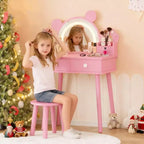 Coolmee Toddler Vanity Set, Bear-Shaped Make Up Vanity Desk with Mirror and Stool,Wooden Princess Make Up Table Set, Pretend Play Vanity Sets