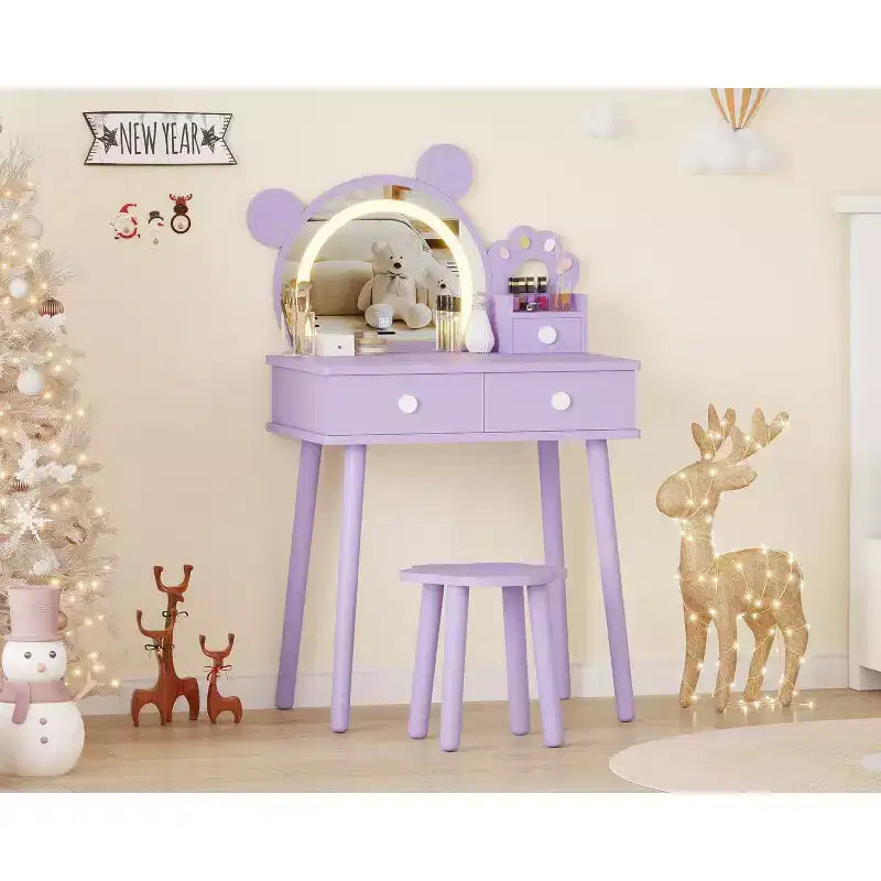 Coiffeuse pour tout-petits Coolmee, coiffeuse en forme d'ours avec miroir et tabouret, ensemble de coiffeuse en bois pour princesse, ensembles de coiffeuse de jeu de simulation