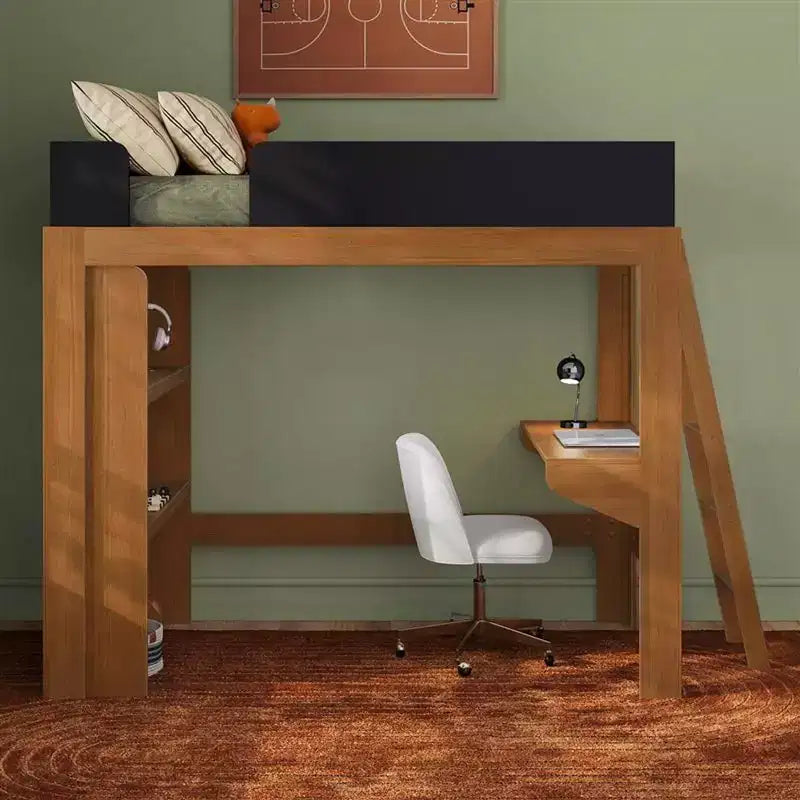 Lit mezzanine double mi-siècle moderne avec bureau et étagère