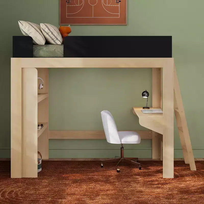 Lit mezzanine double mi-siècle moderne avec bureau et étagère