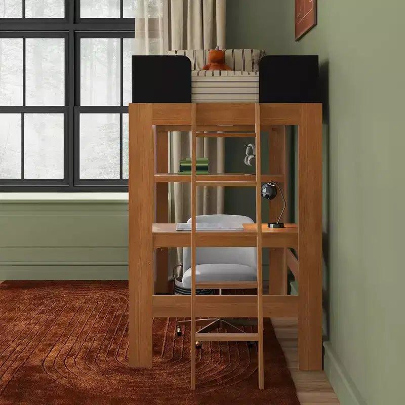 Lit mezzanine double mi-siècle moderne avec bureau et étagère