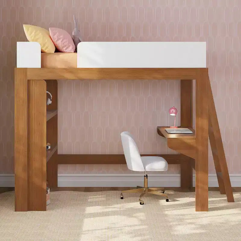 Lit mezzanine double mi-siècle moderne avec bureau et étagère