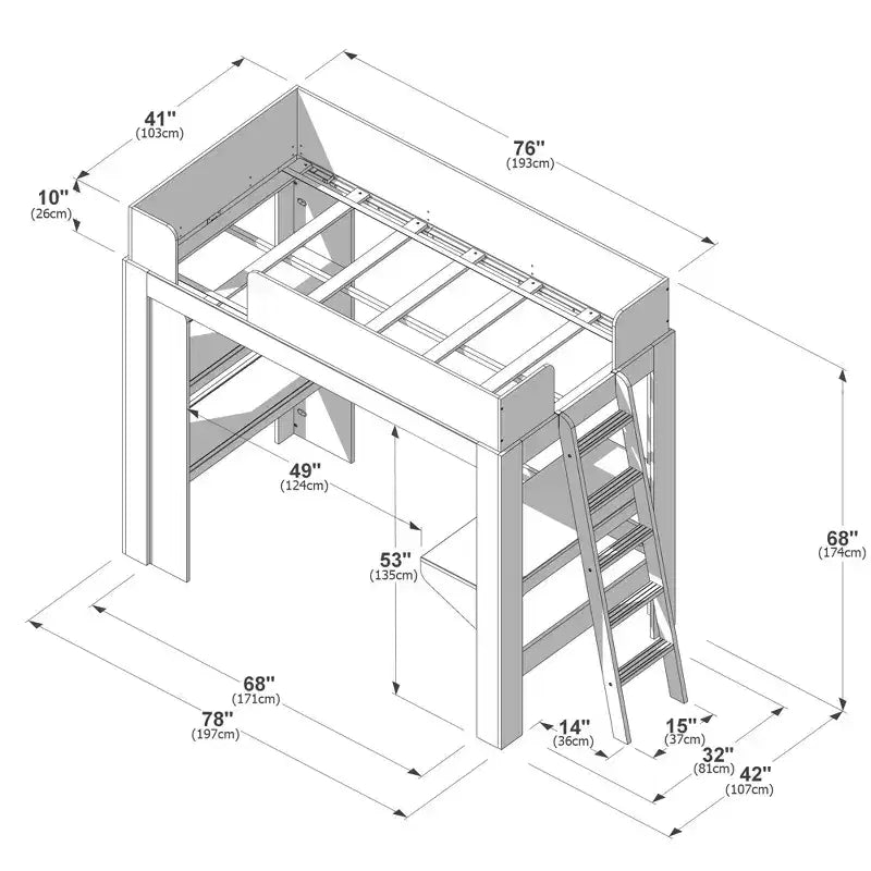 Lit mezzanine double mi-siècle moderne avec bureau et étagère