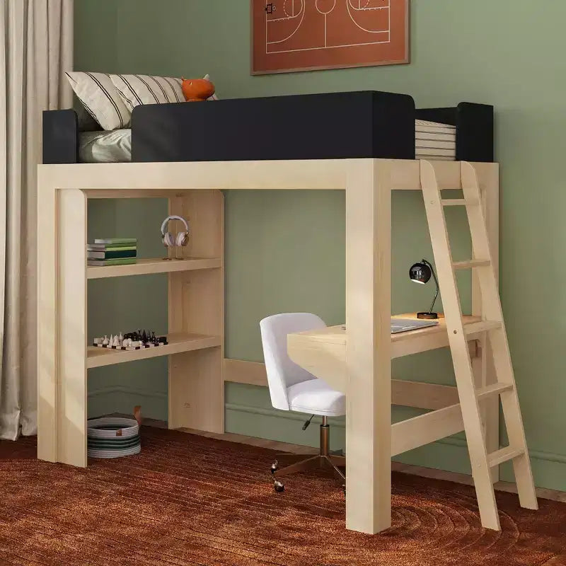 Lit mezzanine double mi-siècle moderne avec bureau et étagère