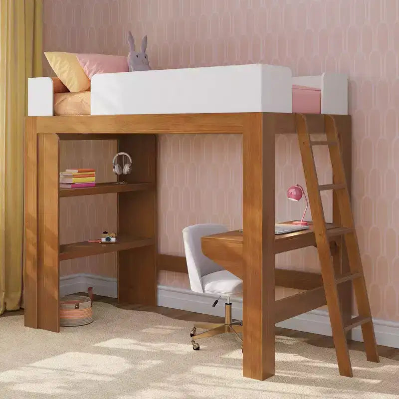 Lit mezzanine double mi-siècle moderne avec bureau et étagère