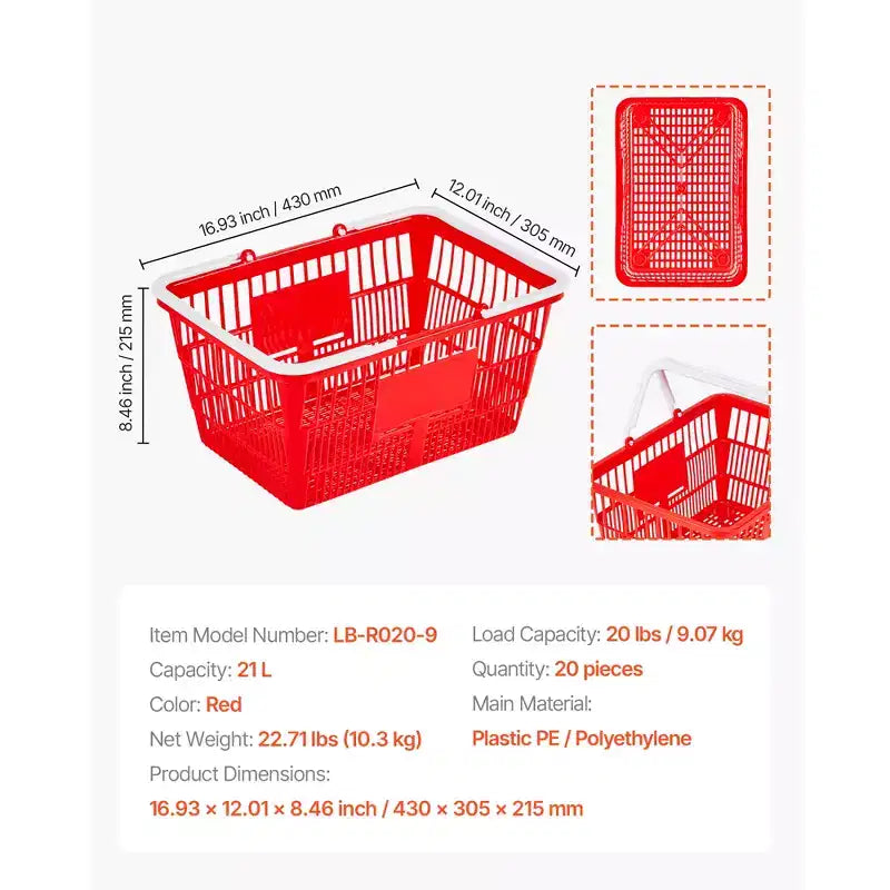 VEVOR Paniers de Courses, 20 PCS, Paniers d'Épicerie Empilables en Plastique PE de 21 L avec Poignées, Structure en Maille Dense, Supporte jusqu'à 9 kg, pour l'Épicerie, Rouge