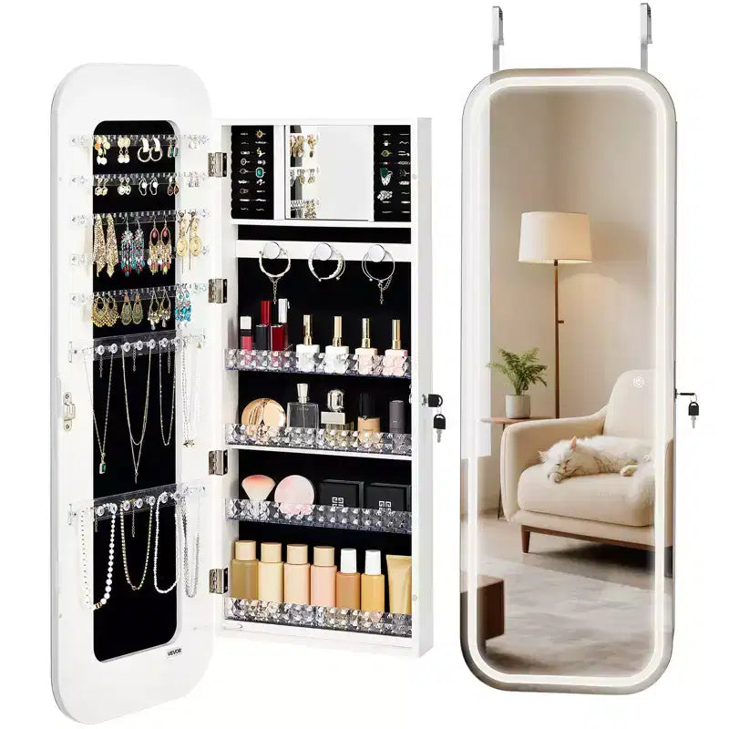 VEVOR LED Mirror Jewelry Cabinet,42.5-inch Tall, Full-Length Mirror with Storage, Wall Mount/Over the Door Jewelry Armoire Organizer with 2 Keys,White