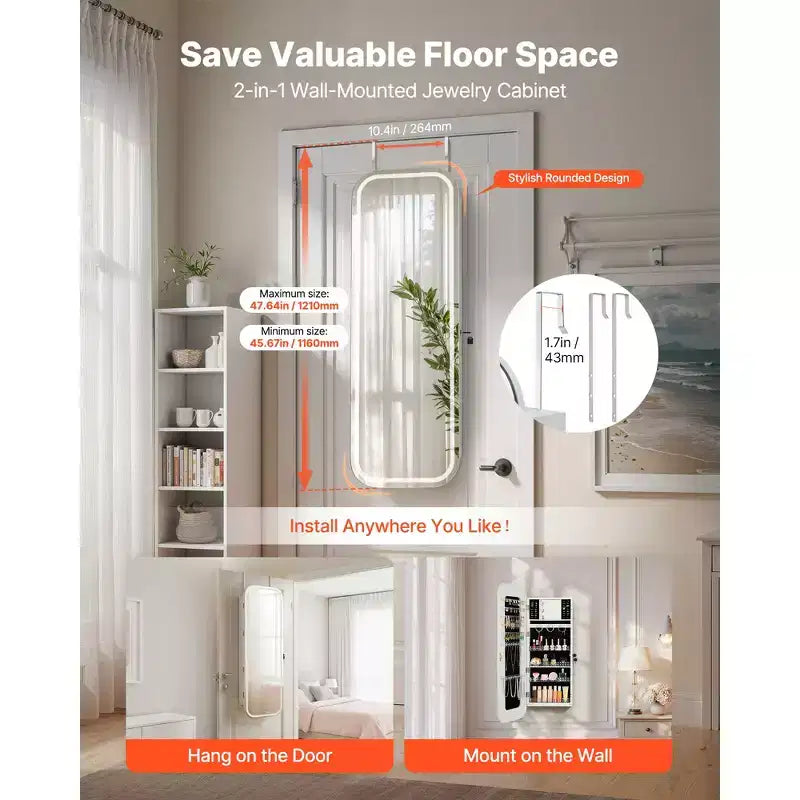 Miroir-armoire à bijoux LED VEVOR, 108 cm de haut, miroir pleine longueur avec rangement, organisateur de bijoux mural/à suspendre avec 2 clés, blanc