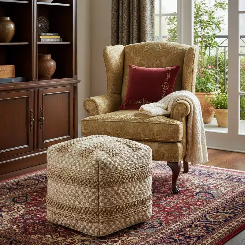 HomeRoots Pouf/Ottoman rayé beige 18 po