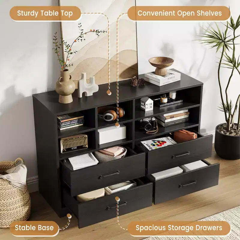 Commode, meuble de rangement Lot de 2 Noir 4 tiroirs et 6 étagères, Meuble TV pour téléviseur 55 pouces, Commode en bois pour chambre à coucher, salon, entrée