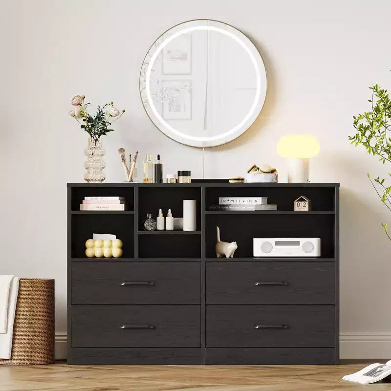 Commode, meuble de rangement Lot de 2 Noir 4 tiroirs et 6 étagères, Meuble TV pour téléviseur 55 pouces, Commode en bois pour chambre à coucher, salon, entrée
