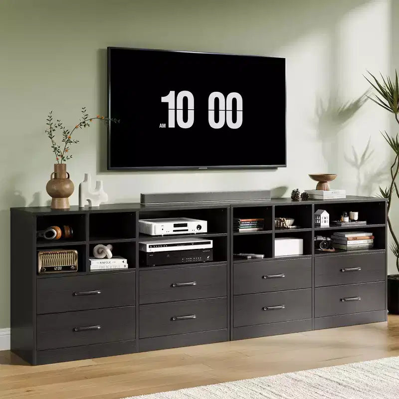 Commode, meuble de rangement Lot de 2 Noir 4 tiroirs et 6 étagères, Meuble TV pour téléviseur 55 pouces, Commode en bois pour chambre à coucher, salon, entrée