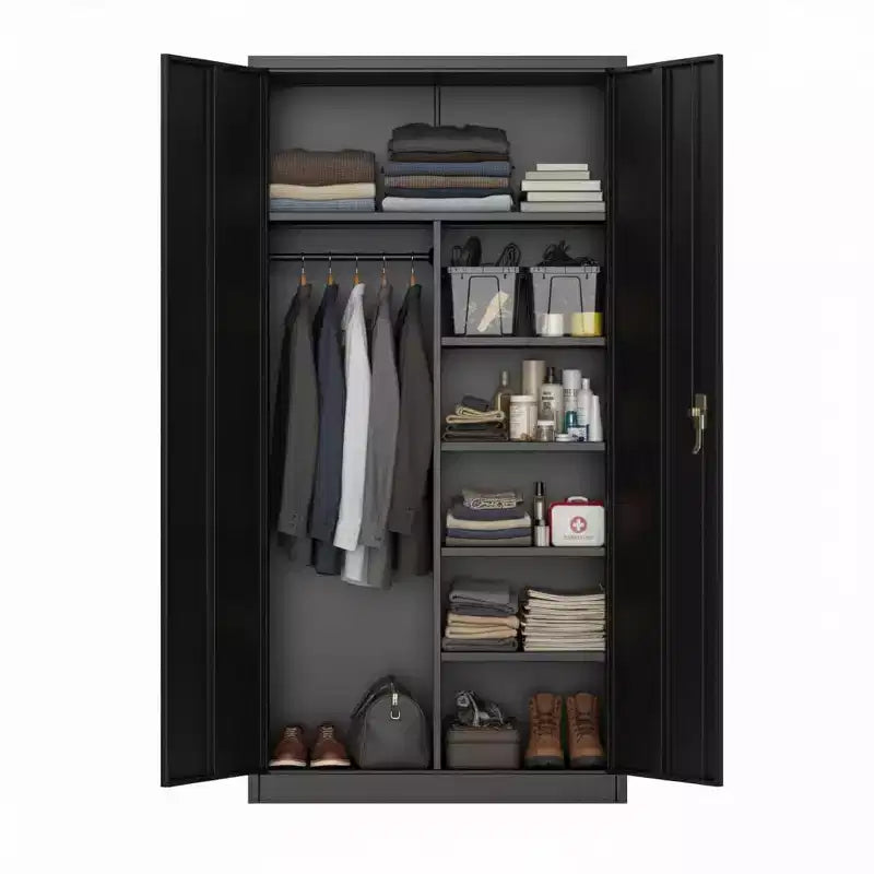 Storage Cabinet, Wardrobe with Locking Doors  Heavy Duty Steel Closet Organizer, Adjustable Shelves & Hanging Rod for Garage, Home, Office, Black