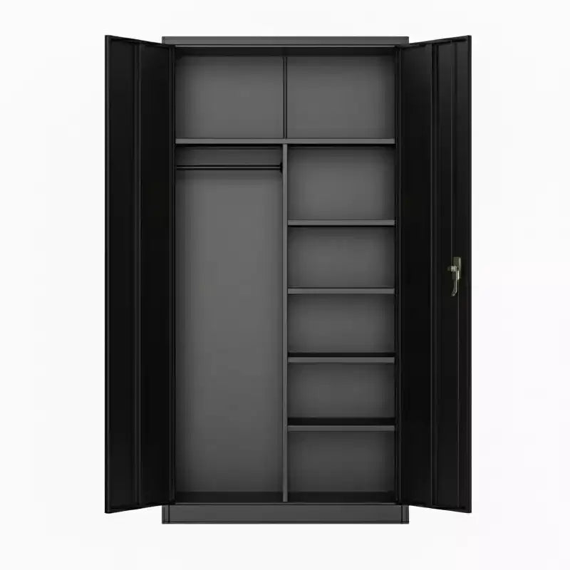 Armoire de rangement, penderie avec portes verrouillables, organisateur de placard en acier robuste, étagères réglables et tringle de suspension pour garage, maison, bureau, noir