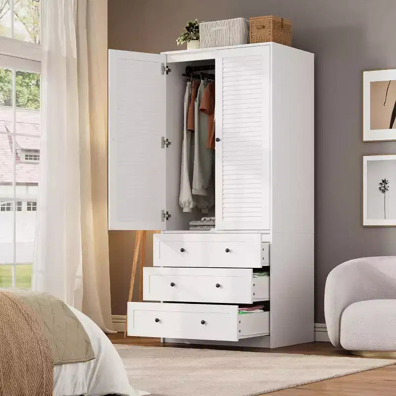 Modern Wooden Armoire Wardrobe Closet with 2 Doors and 3 Drawers, Tall Bedroom Cabinet with Hanging Rod, Freestanding Clothes Storage Unit
