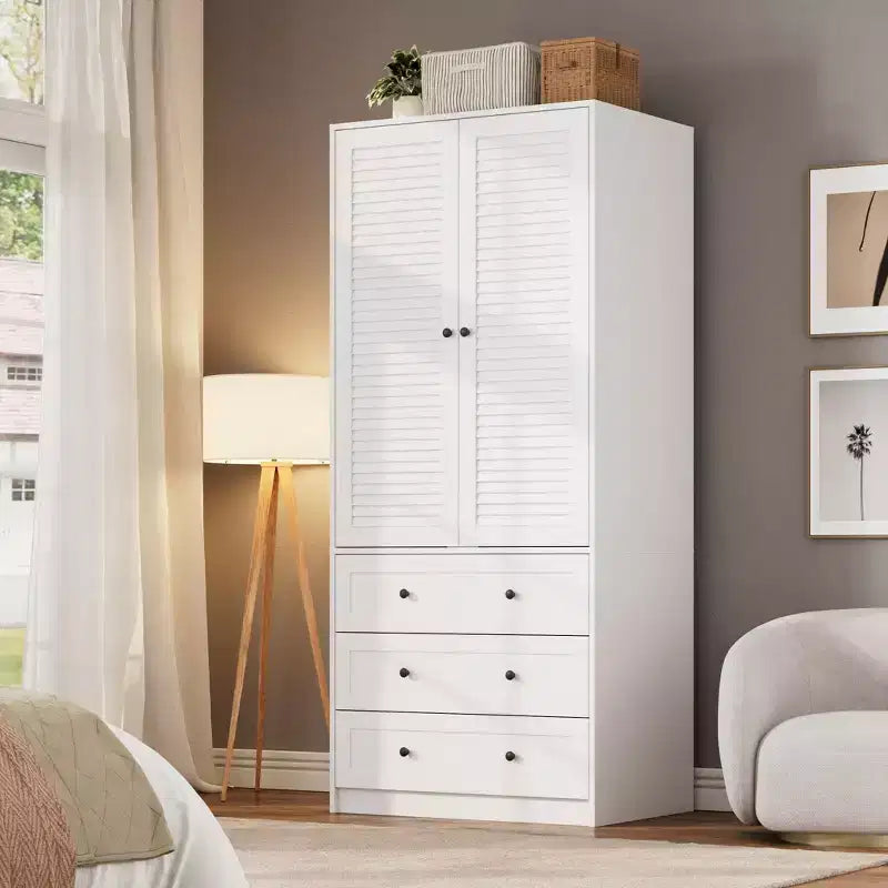 Armoire de chambre moderne en bois avec 2 portes et 3 tiroirs, grande armoire de chambre avec tringle de suspension, unité de rangement de vêtements autoportante