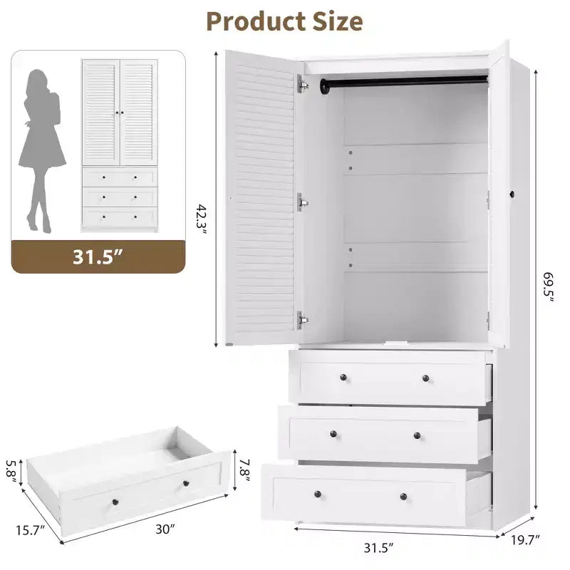 Armoire de chambre moderne en bois avec 2 portes et 3 tiroirs, grande armoire de chambre avec tringle de suspension, unité de rangement de vêtements autoportante