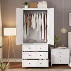 Armoire de chambre moderne en bois avec 2 portes et 3 tiroirs, grande armoire de chambre avec tringle de suspension, unité de rangement de vêtements autoportante