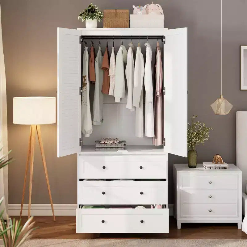 Armoire de chambre moderne en bois avec 2 portes et 3 tiroirs, grande armoire de chambre avec tringle de suspension, unité de rangement de vêtements autoportante