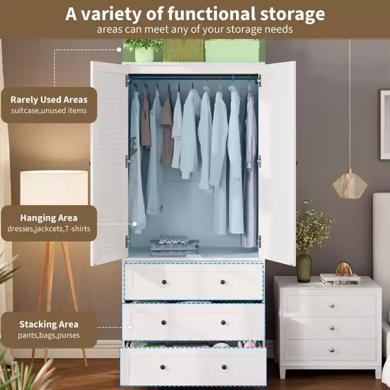 Armoire de chambre moderne en bois avec 2 portes et 3 tiroirs, grande armoire de chambre avec tringle de suspension, unité de rangement de vêtements autoportante
