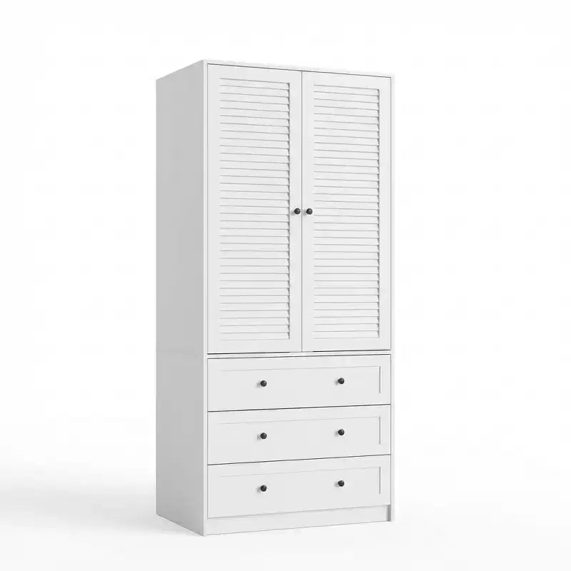 Armoire de chambre moderne en bois avec 2 portes et 3 tiroirs, grande armoire de chambre avec tringle de suspension, unité de rangement de vêtements autoportante