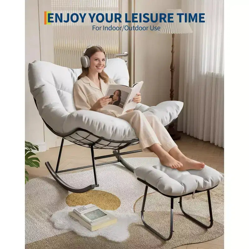Ensemble de fauteuils à bascule surdimensionnés avec pouf, en osier tressé à la main, coussin moelleux, fauteuil de jardin ergonomique, pour patio, balcon, chambre à coucher, salon