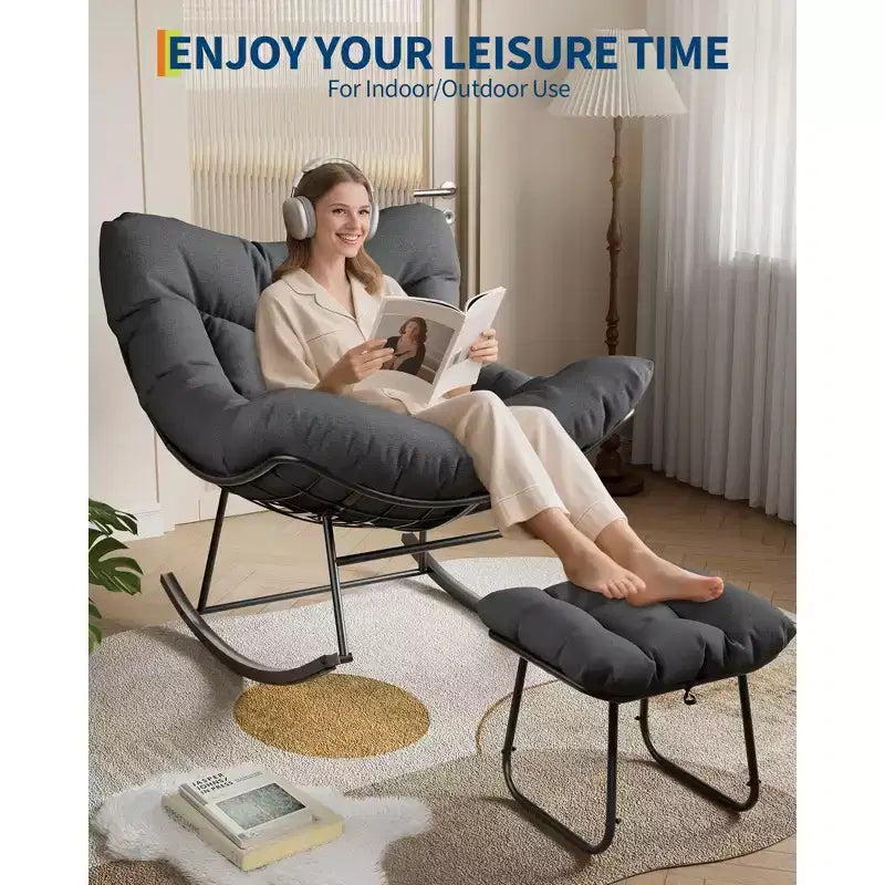 Ensemble de fauteuils à bascule surdimensionnés avec pouf, en osier tressé à la main, coussin moelleux, fauteuil de jardin ergonomique, pour patio, balcon, chambre à coucher, salon