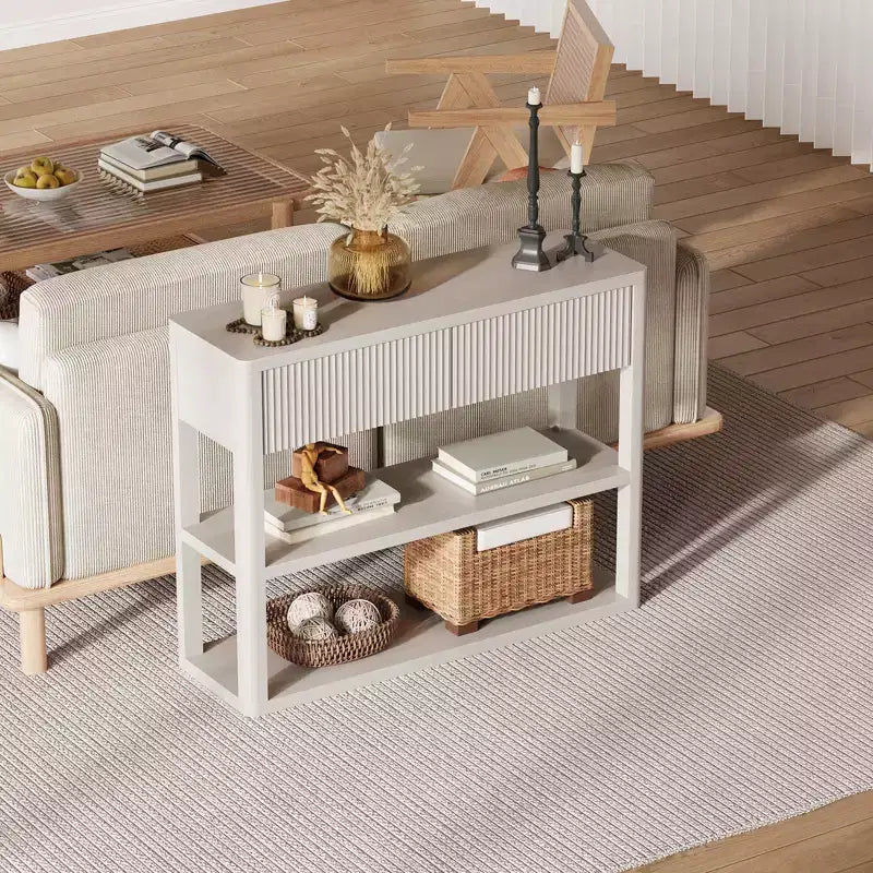 Console d'entrée 44", Table de canapé étroite longue à 3 niveaux avec 2 tiroirs, Table canapé en bois cannelé pour salon, foyer, entrée
