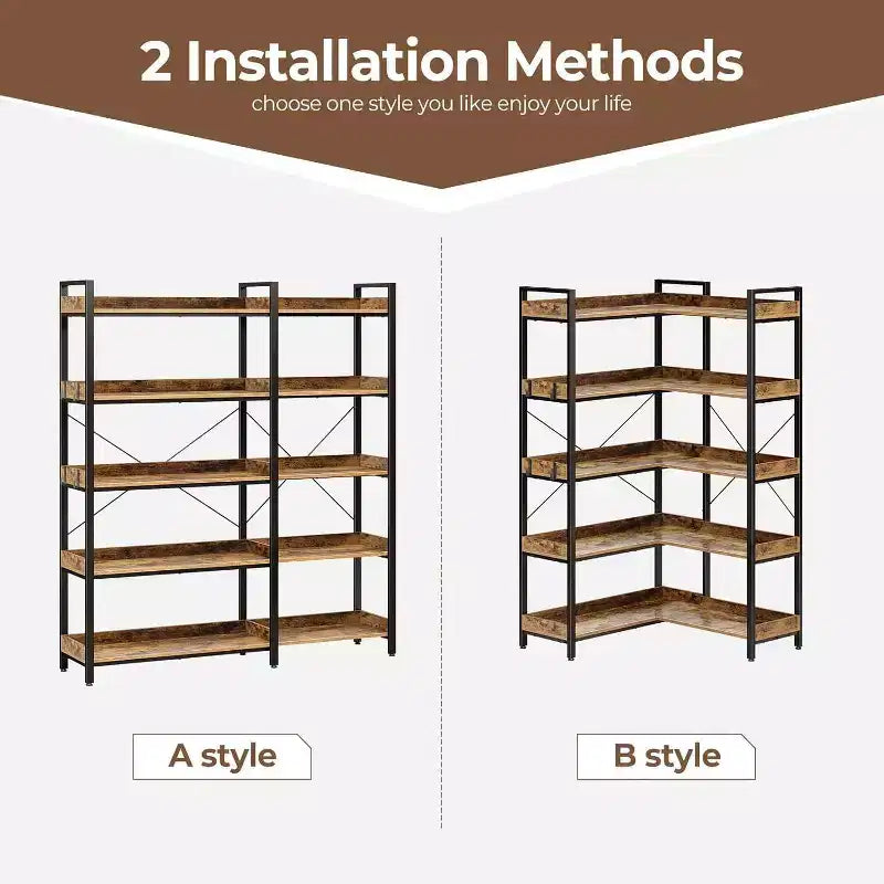 Bibliothèque, Bibliothèque d'angle, Étagère à Livres 5 Niveaux avec Cadre Métallique Déformable, 14 Étagères Ouvertes, Meuble de Rangement sur Pied pour Salon, Chambre, Bureau