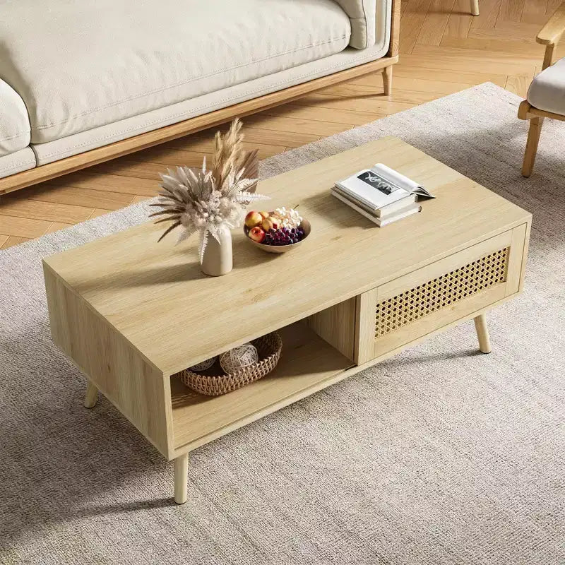 Table basse en bois avec rangement, table basse de canapé bohème avec porte coulissante et étagère ouverte pour salon, chambre à coucher, montage facile
