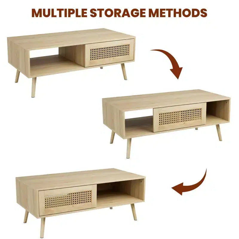 Table basse en bois avec rangement, table basse de canapé bohème avec porte coulissante et étagère ouverte pour salon, chambre à coucher, montage facile