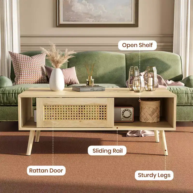 Table basse en bois avec rangement, table basse de canapé bohème avec porte coulissante et étagère ouverte pour salon, chambre à coucher, montage facile