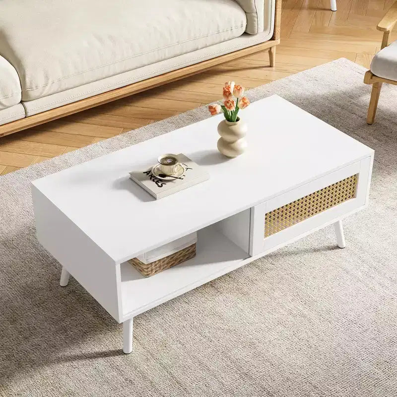 Table basse en bois avec rangement, table basse de canapé bohème avec porte coulissante et étagère ouverte pour salon, chambre à coucher, montage facile