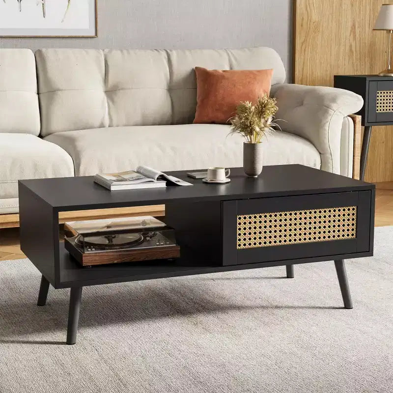 Table basse en bois avec rangement, table basse de canapé bohème avec porte coulissante et étagère ouverte pour salon, chambre à coucher, montage facile