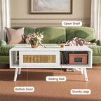 Table basse en bois avec rangement, table basse de canapé bohème avec porte coulissante et étagère ouverte pour salon, chambre à coucher, montage facile