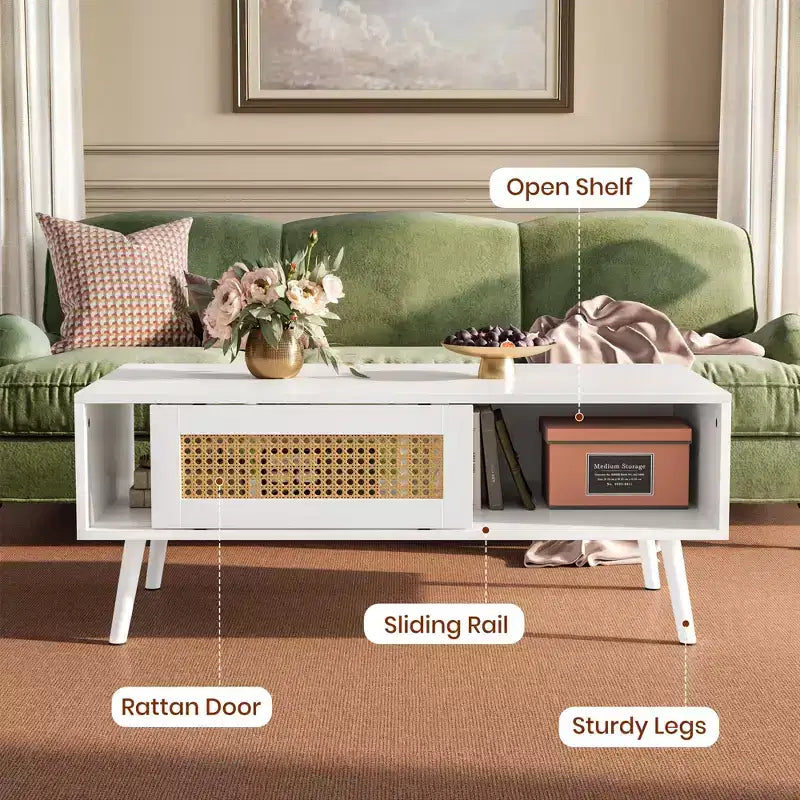 Table basse en bois avec rangement, table basse de canapé bohème avec porte coulissante et étagère ouverte pour salon, chambre à coucher, montage facile
