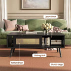 Table basse en bois avec rangement, table basse de canapé bohème avec porte coulissante et étagère ouverte pour salon, chambre à coucher, montage facile