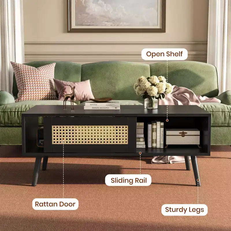Table basse en bois avec rangement, table basse de canapé bohème avec porte coulissante et étagère ouverte pour salon, chambre à coucher, montage facile