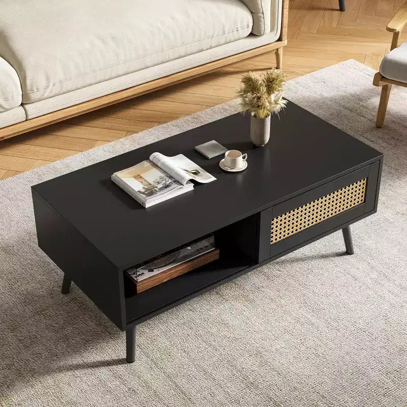Table basse en bois avec rangement, table basse de canapé bohème avec porte coulissante et étagère ouverte pour salon, chambre à coucher, montage facile