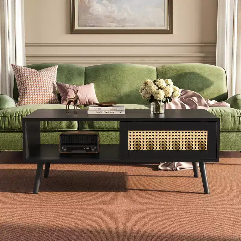 Table basse en bois avec rangement, table basse de canapé bohème avec porte coulissante et étagère ouverte pour salon, chambre à coucher, montage facile