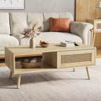 Table basse en bois avec rangement, table basse de canapé bohème avec porte coulissante et étagère ouverte pour salon, chambre à coucher, montage facile