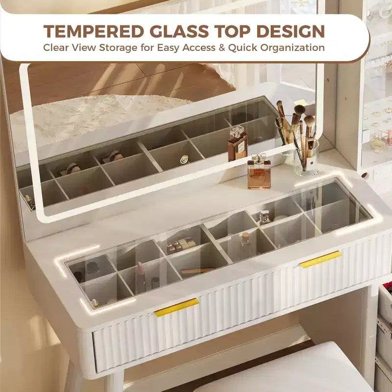 Coiffeuse avec miroir lumineux, coiffeuse avec station de recharge, coiffeuse à plateau en verre avec tabouret de rangement capitonné pour chambre à coucher