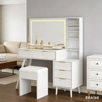 Coiffeuse avec miroir lumineux, coiffeuse avec station de recharge, coiffeuse à plateau en verre avec tabouret de rangement capitonné pour chambre à coucher