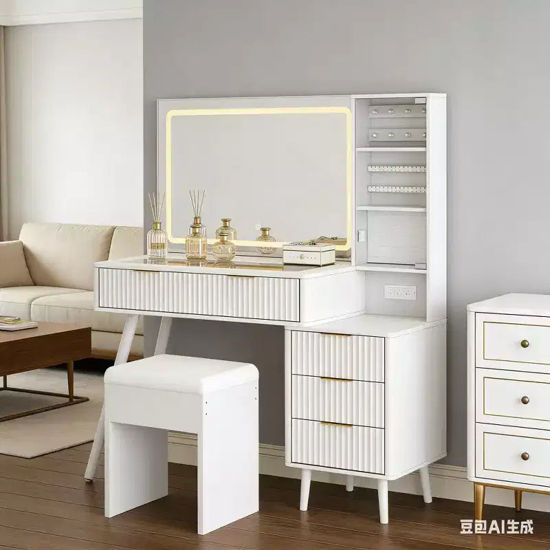 Coiffeuse avec miroir lumineux, coiffeuse avec station de recharge, coiffeuse à plateau en verre avec tabouret de rangement capitonné pour chambre à coucher
