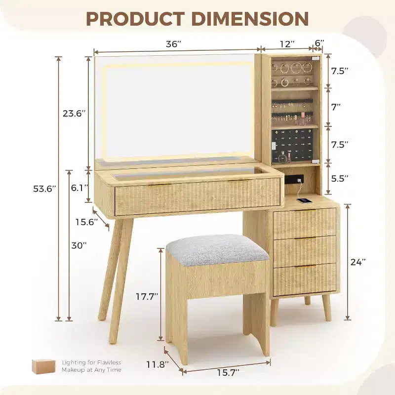 Coiffeuse avec miroir lumineux, coiffeuse avec station de recharge, coiffeuse à plateau en verre avec tabouret de rangement capitonné pour chambre à coucher